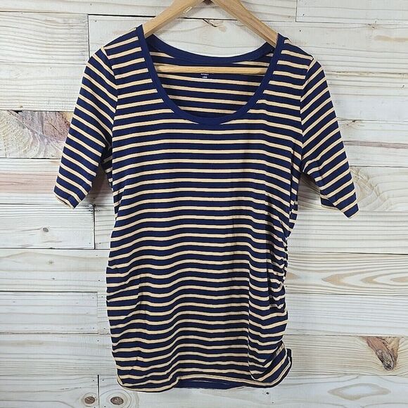 Motherhood Maternity Shirt LG Fitted Round Neck‎ Short Sleeve Navy Gold Striped - Picture 1 of 8